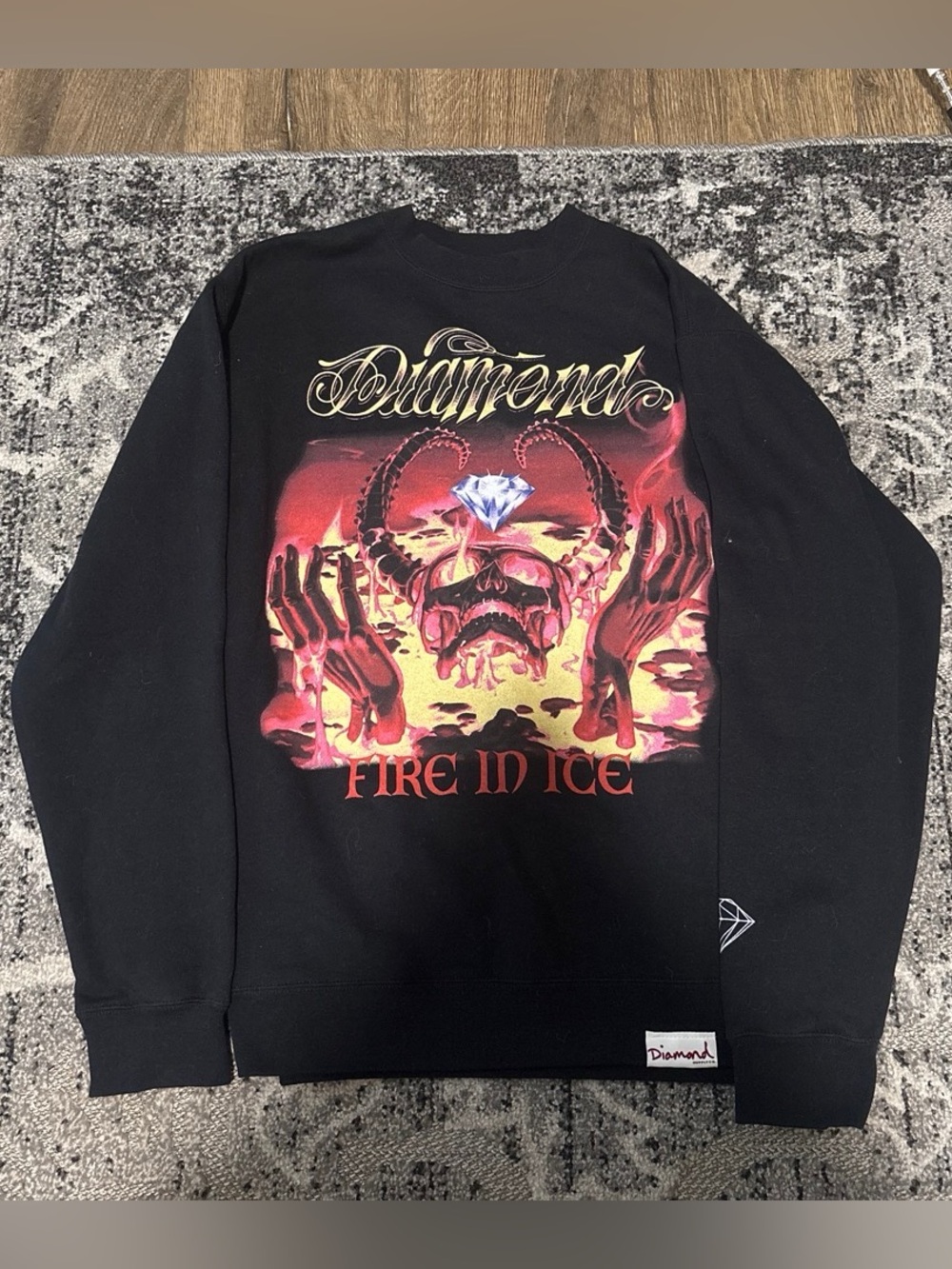 Brand New Diamond Supply Co. Black Crewneck Sweater w/ Red & Yellow Graphic Sz S